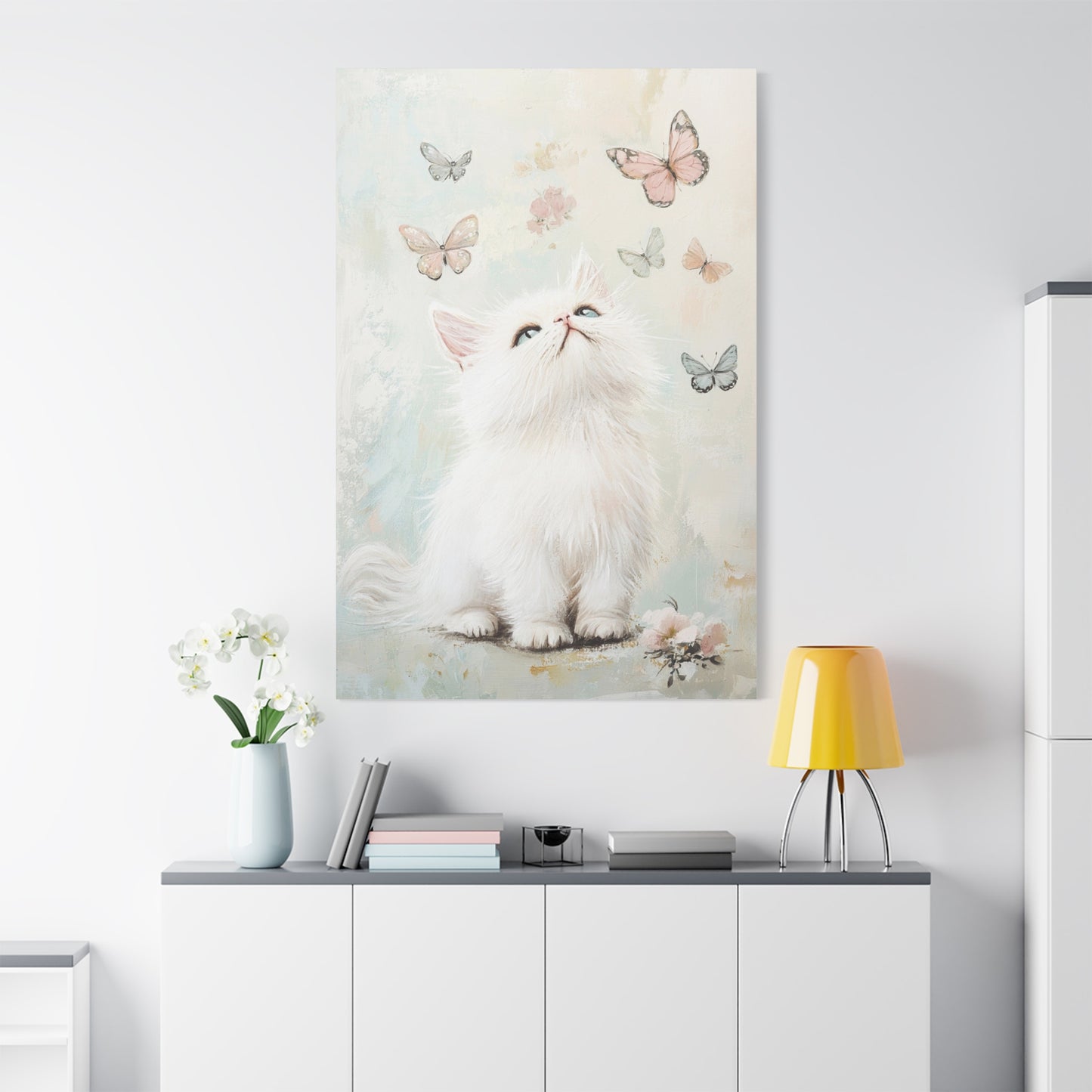 Cute White Cat and Butterflies Canvas Art – Whimsical Floating Kitten