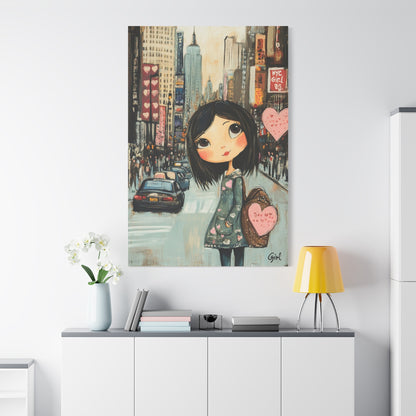 Girl Love and NYC Canvas Art III – Whimsical Cityscape with Floating Hearts