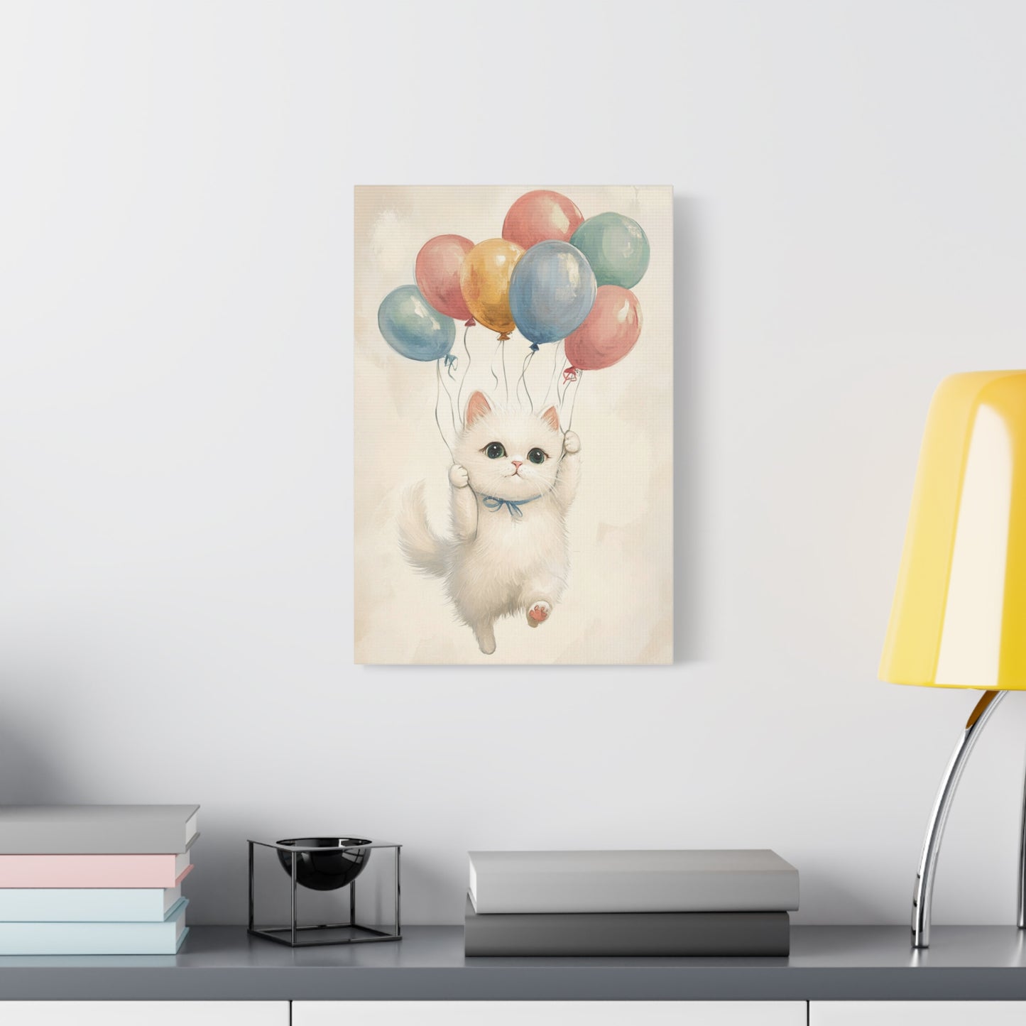 Cute White Cat and Balloons Canvas Art – Whimsical Floating Kitten