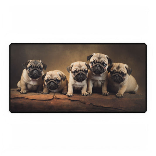 Five Pug Cubs Desk Mat / Mouse Pad – 31.5"x15.5", Cute & Playful, Office