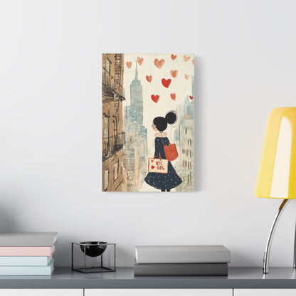 Girl Love and NYC Canvas Art V – Whimsical Cityscape with Floating Hearts