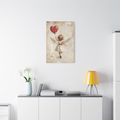 Angel Canvas Art – Whimsical Guardian Angel with Heart Balloon, Matte Stretched Canvas