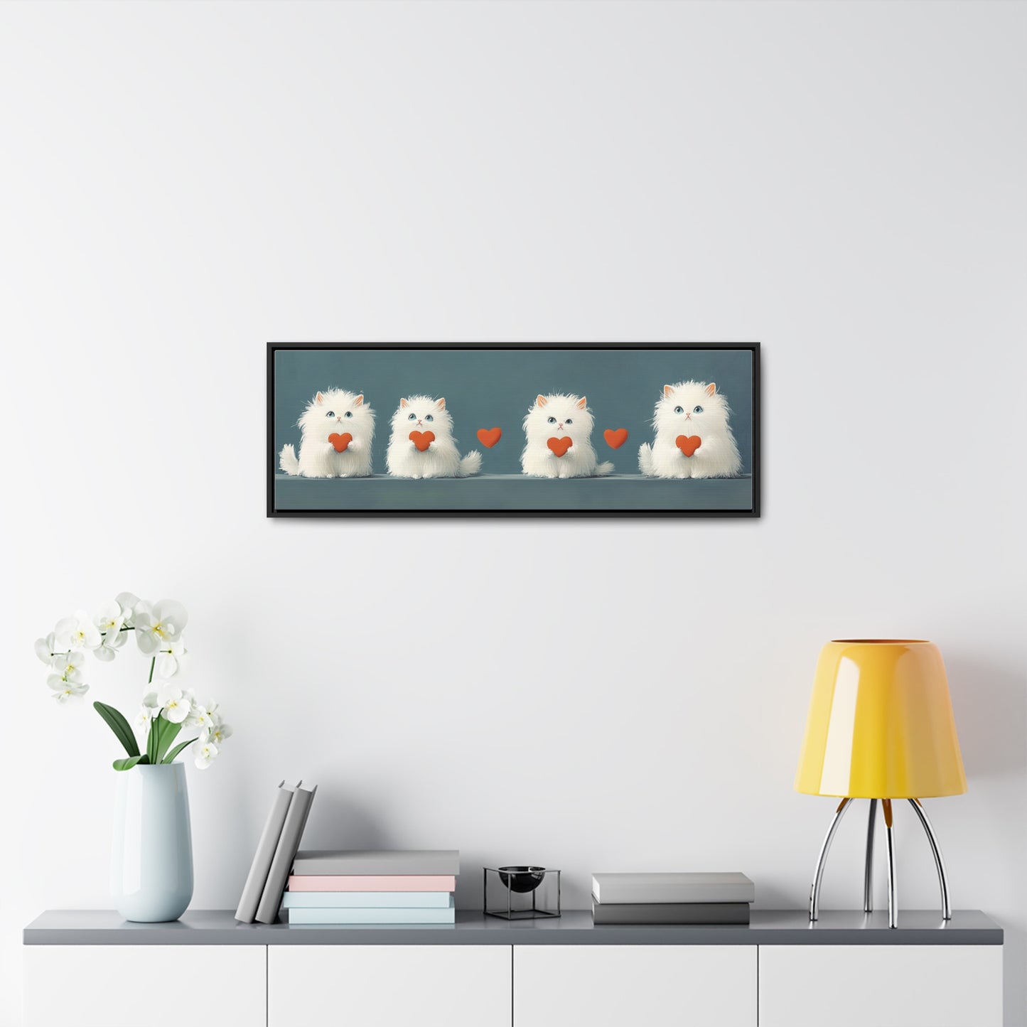 Kids Room Wall Art – "Love Paws" | Adorable White Kittens Holding Hearts | Cozy Nursery & Playroom Decor