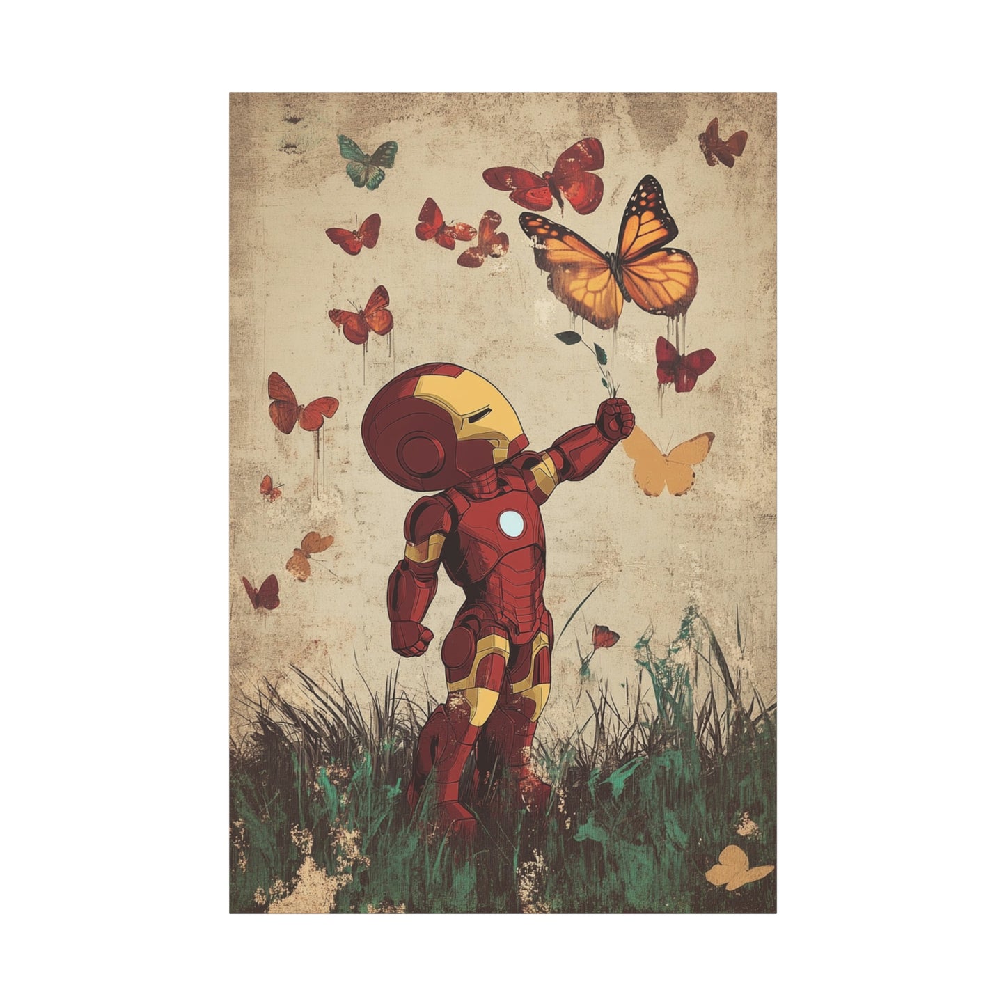 Iron Man and Butterflies Canvas Art – Whimsical Armored Hero in Nature, Matte Stretched Canvas