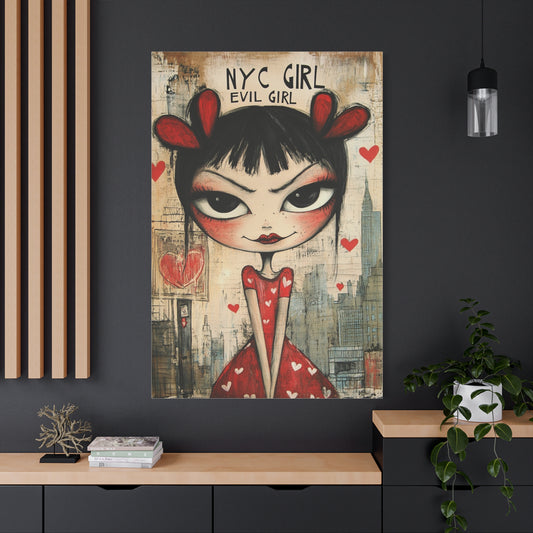 NYC Evil Girl Canvas Print – Gothic Pop Art with Dark Aesthetic, Matte Stretched Canvas