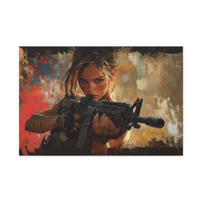 Intense Warrior Woman with Rifle – Girls & Guns Kore Series Canvas Art