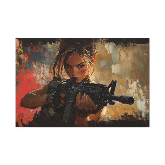 Intense Warrior Woman with Rifle – Girls & Guns Kore Series Canvas Art