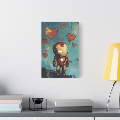 Iron Man and Hearts Canvas Art – Whimsical Armored Hero with Floating Hearts, Matte Stretched Canvas