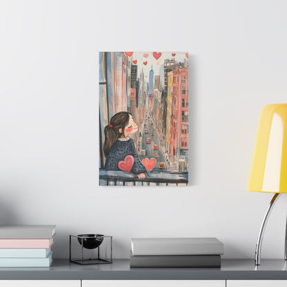 Girl Love and NYC Canvas Art II – Whimsical Cityscape with Floating Hearts