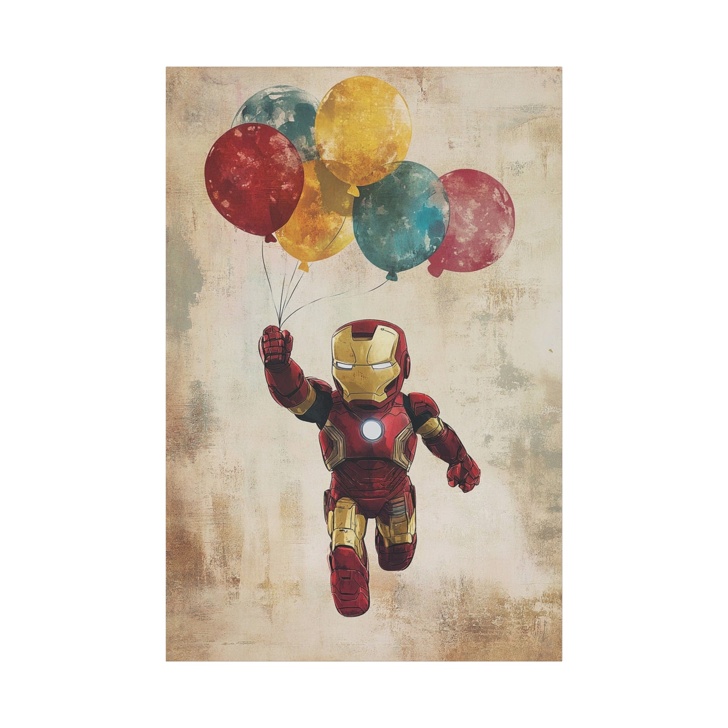 Flying Mini Iron Man Canvas Art – Whimsical Superhero with Balloons, Matte Stretched Canvas