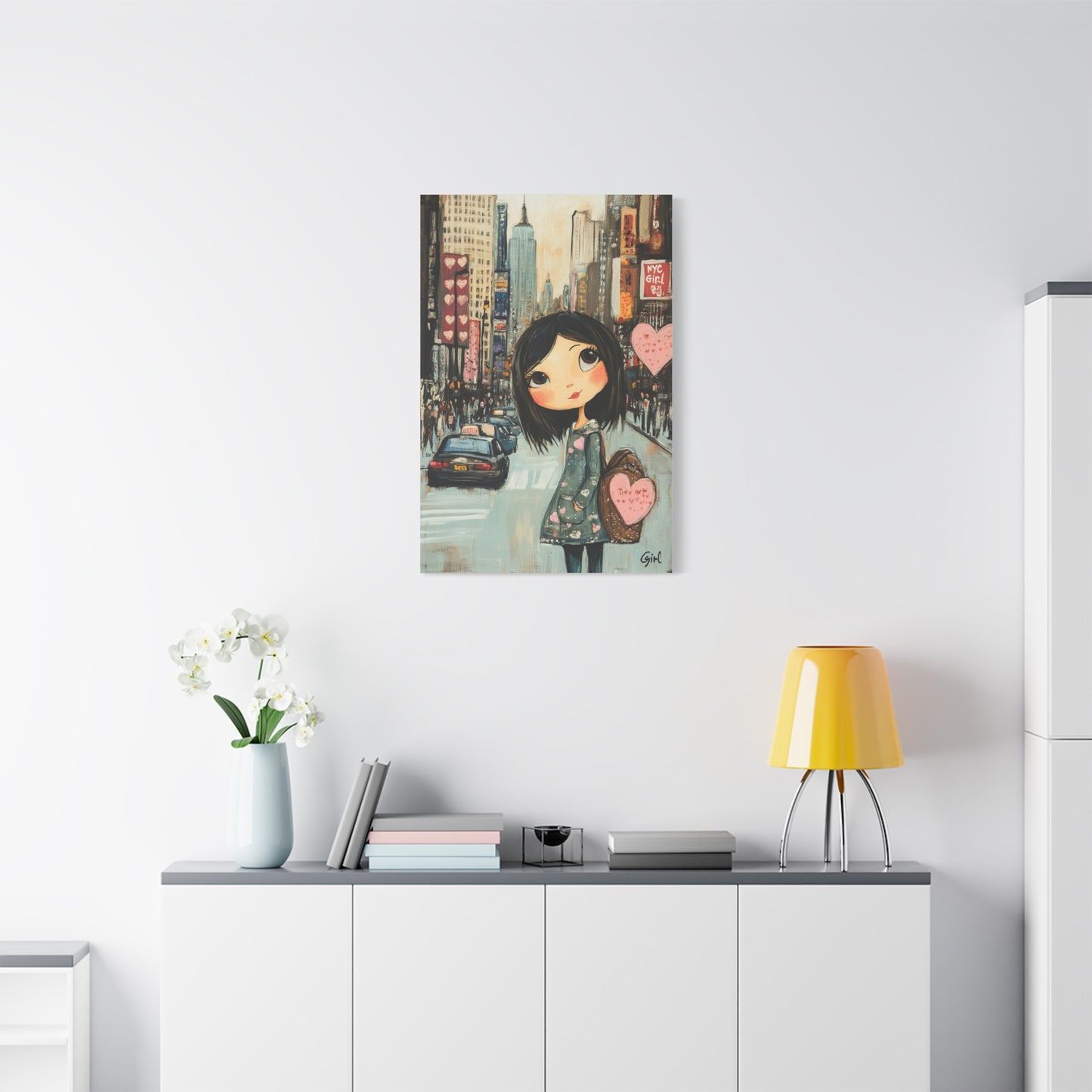 Girl Love and NYC Canvas Art III – Whimsical Cityscape with Floating Hearts