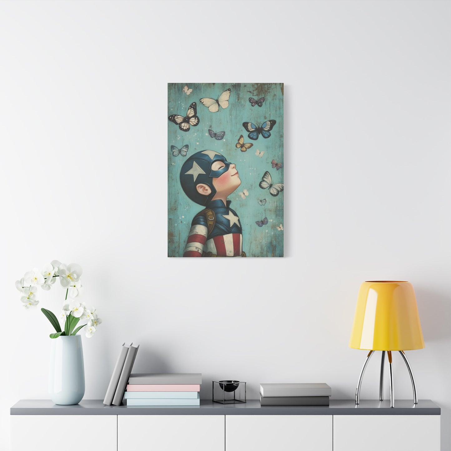 Mini Captain America Hero Canvas Art – Whimsical Young Superhero with Butterflies