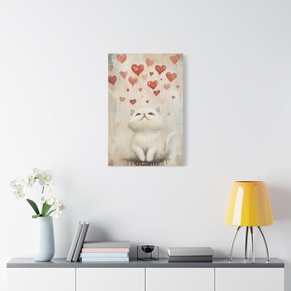 Cute White Cat and Flying Hearts Canvas Art – Whimsical Floating Kitten