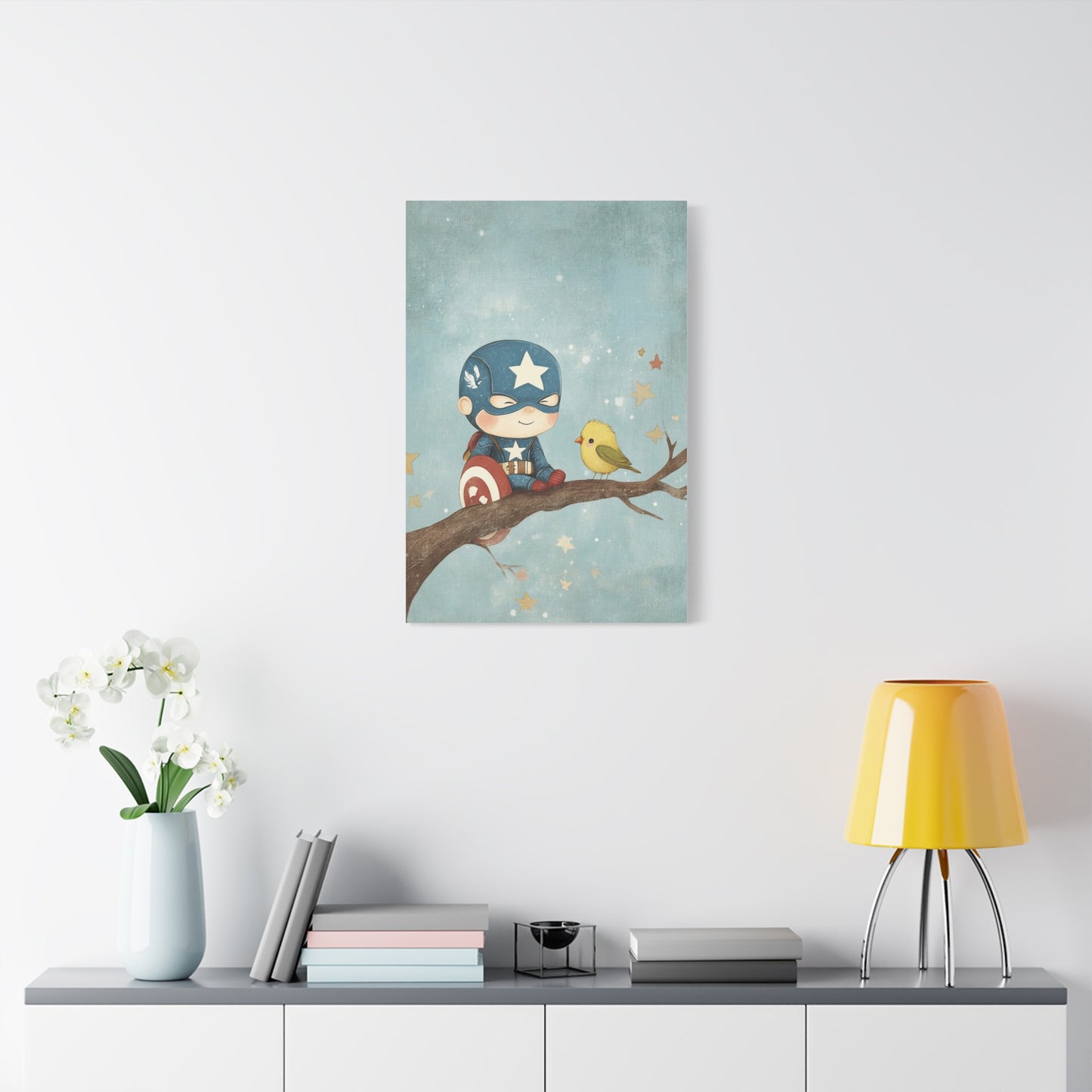 Mini Captain Amercia and Bird Canvas Art – Whimsical Superhero with Nature