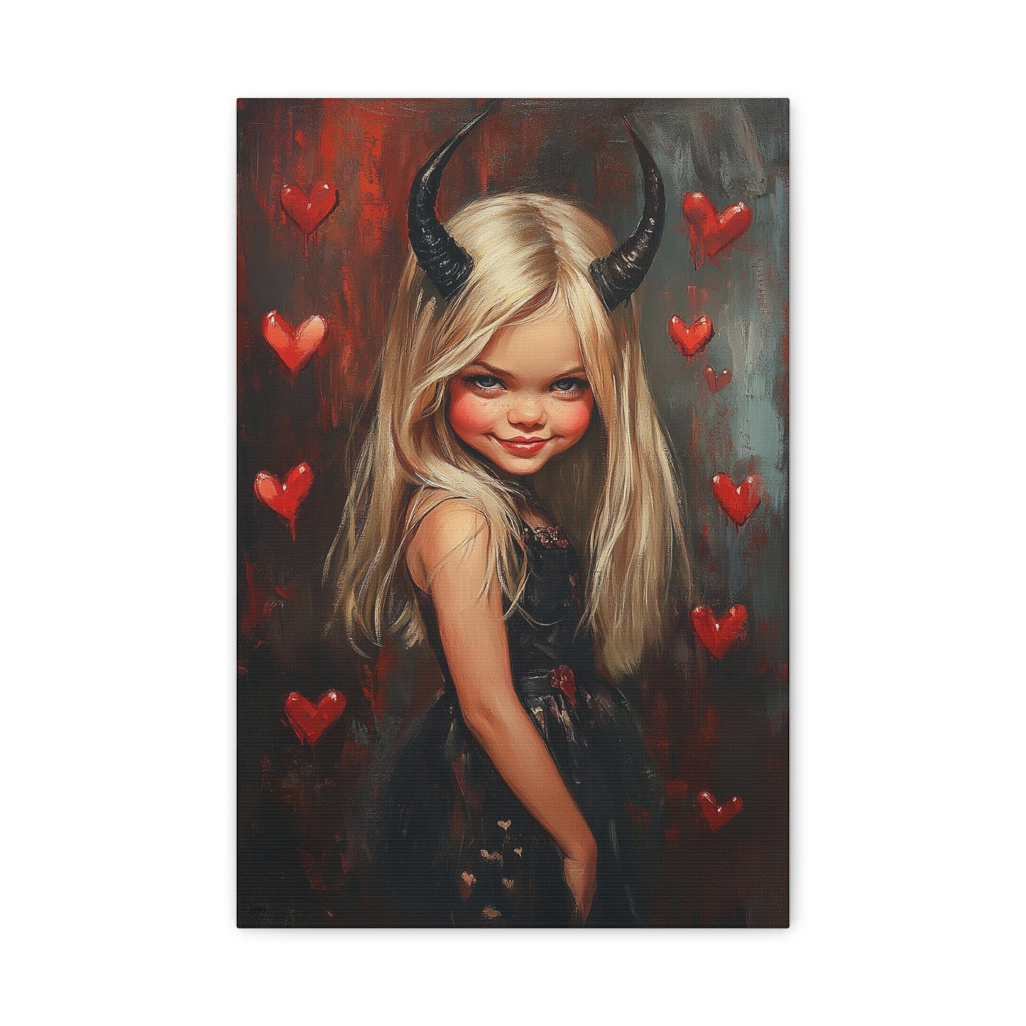 Blond Evil Girl Canvas Print – Dark Fantasy Art with Mischievous Charm, Matte Stretched Canvas