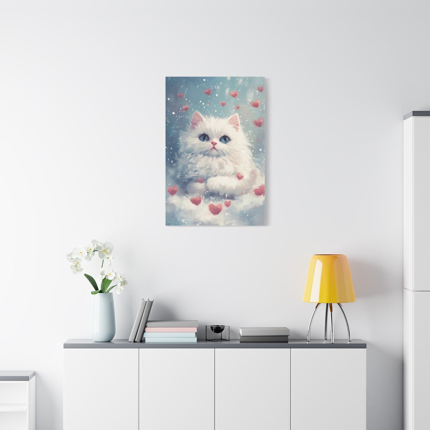 Cute White Persian Cat in Love Canvas Art – Whimsical Floating Kitten