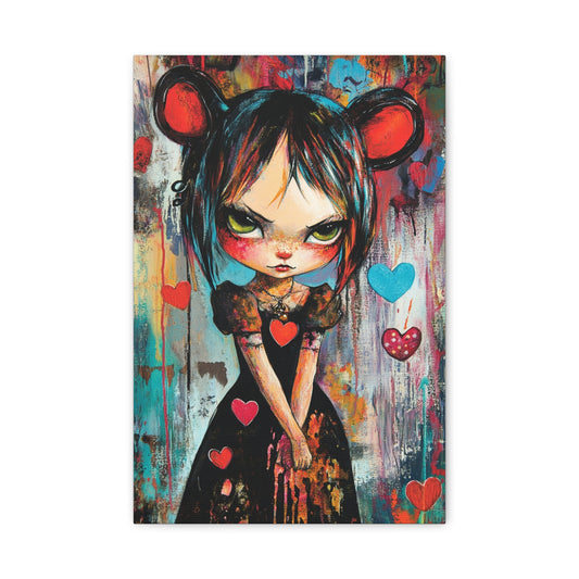 Angry Cute Evil Girl Canvas Print – Dark Whimsical Fantasy Art, Matte Stretched Canvas