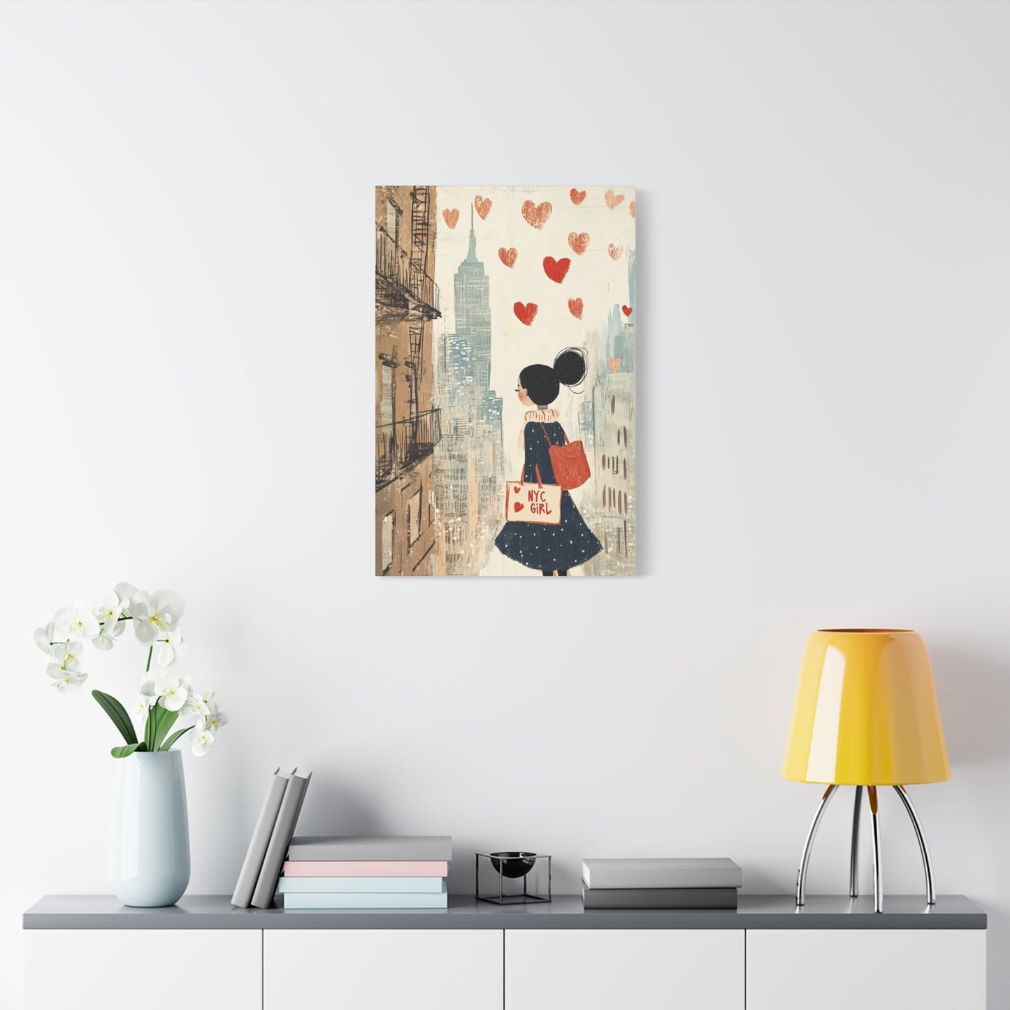 Girl Love and NYC Canvas Art V – Whimsical Cityscape with Floating Hearts