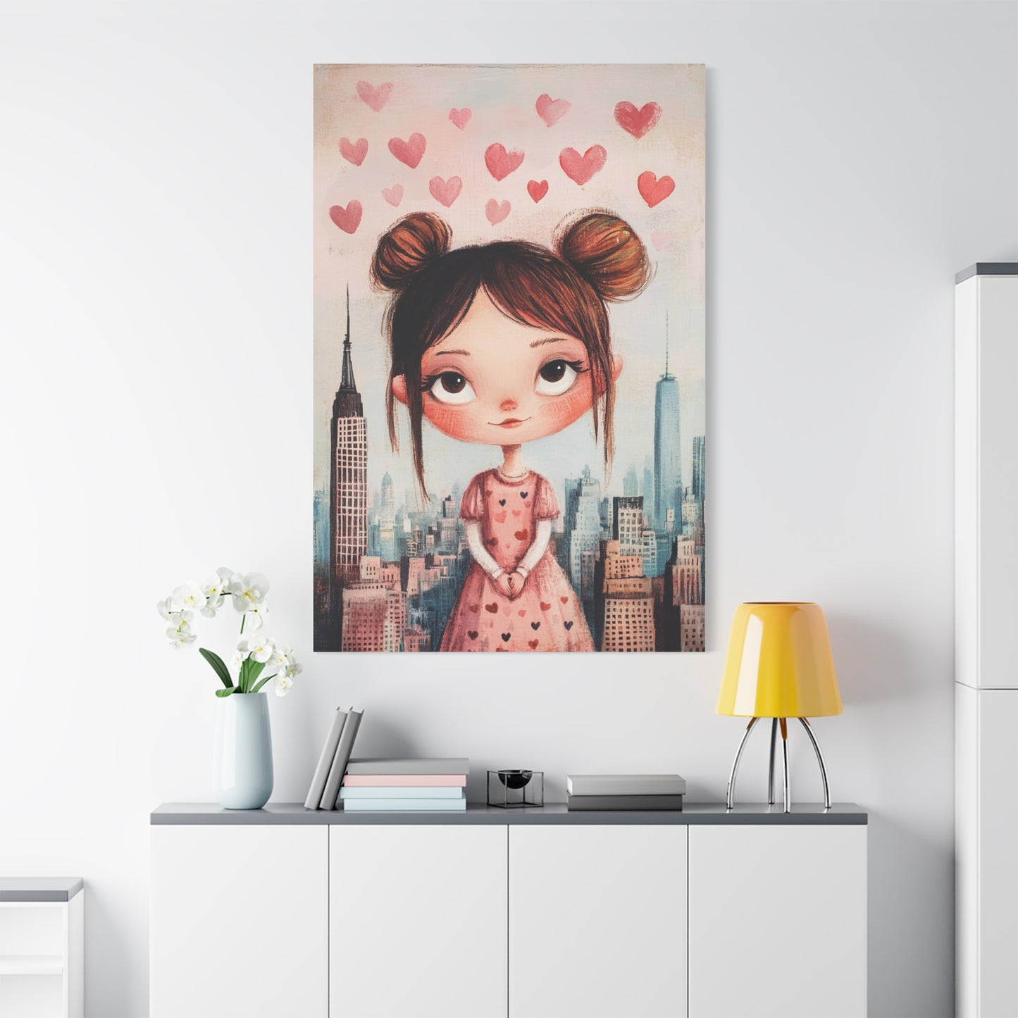 Girl Love and NYC Canvas Art – Whimsical Cityscape with Floating Hearts