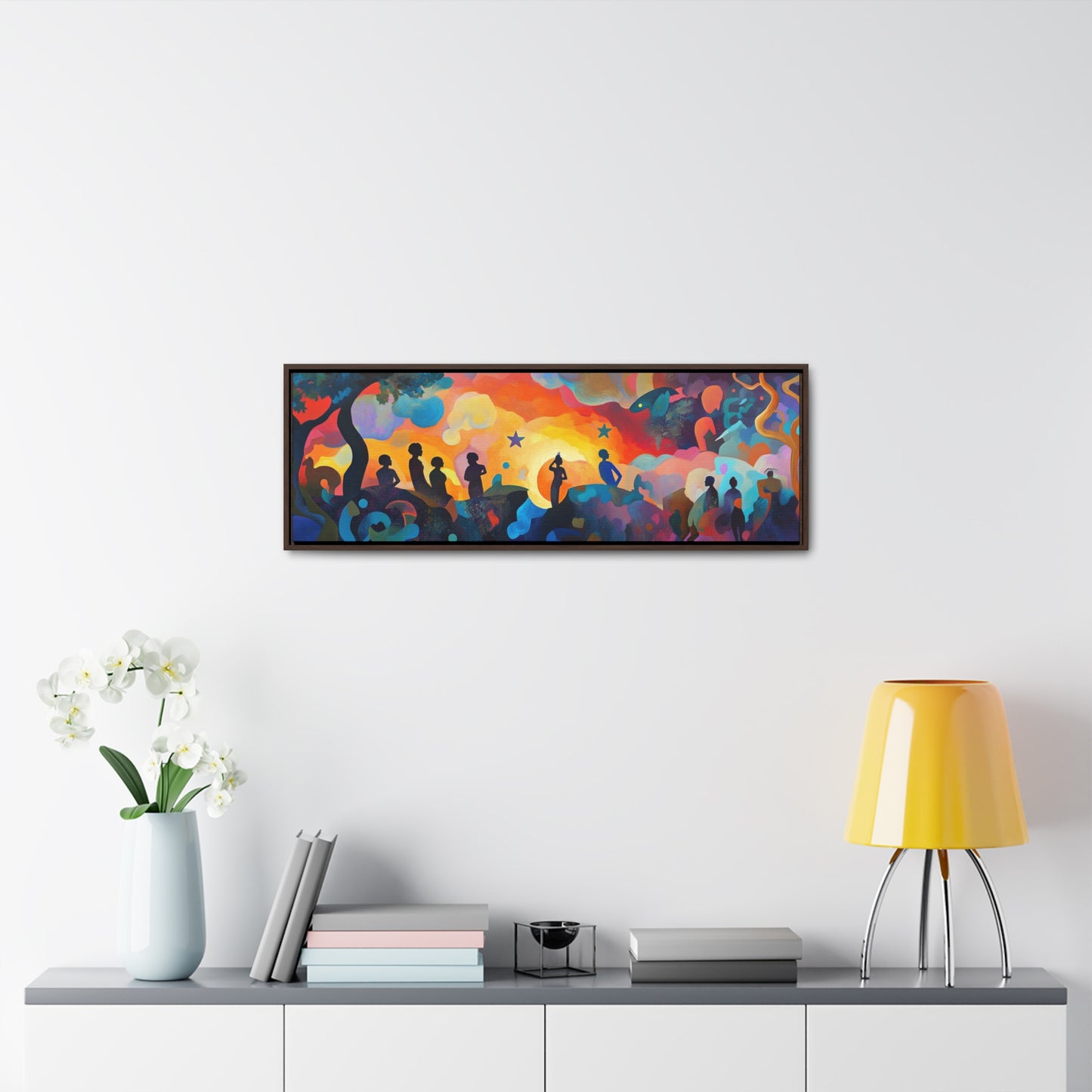 Aaron Douglas Inspired – Vibrant Silhouettes & Abstract Dreamscape | Bold Wide Canvas Art