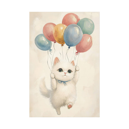 Cute White Cat and Balloons Canvas Art – Whimsical Floating Kitten