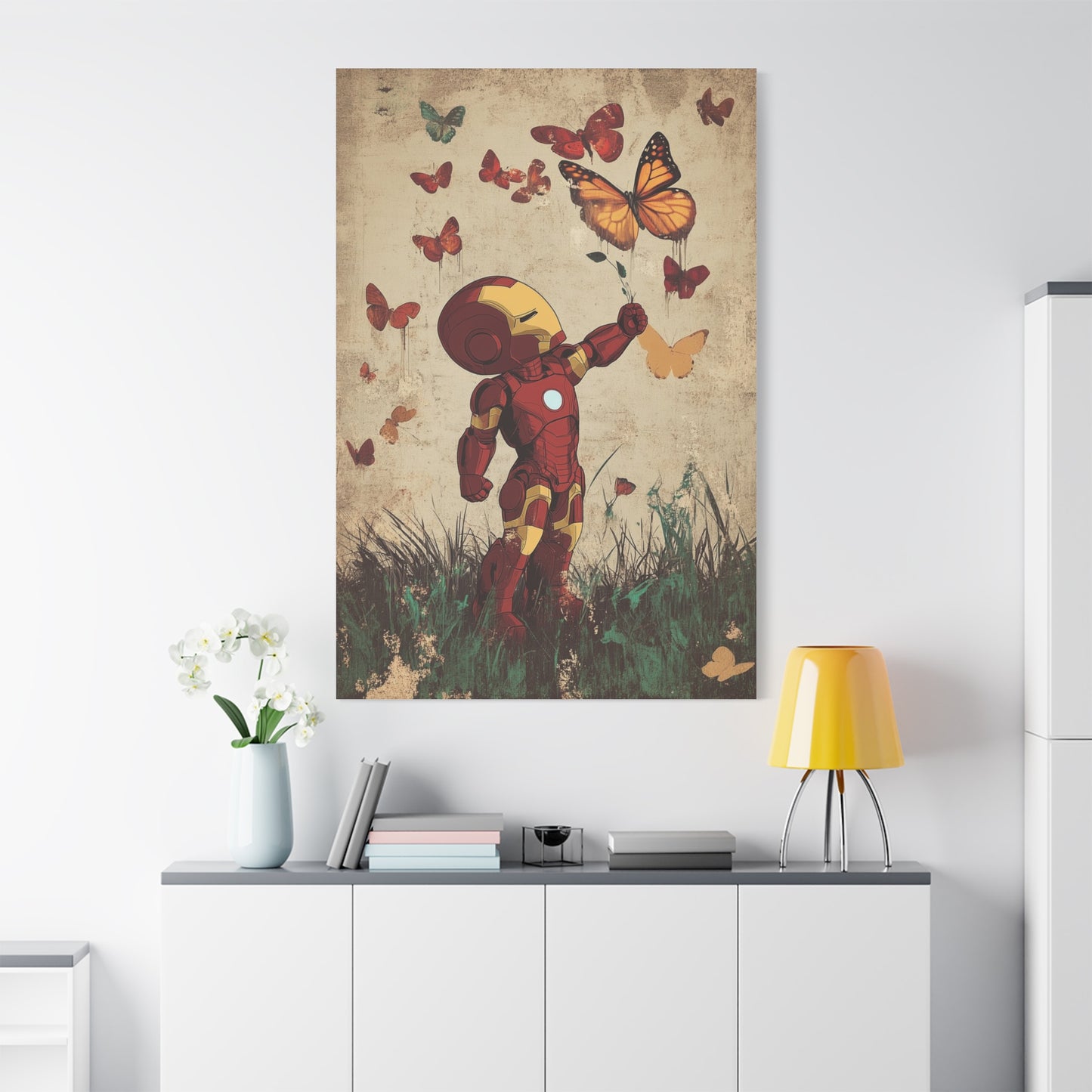 Iron Man and Butterflies Canvas Art – Whimsical Armored Hero in Nature, Matte Stretched Canvas