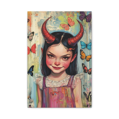 Evil Girl and Butterflies Canvas Print – Dark Fantasy Art with Surreal Beauty, Matte Stretched Canvas