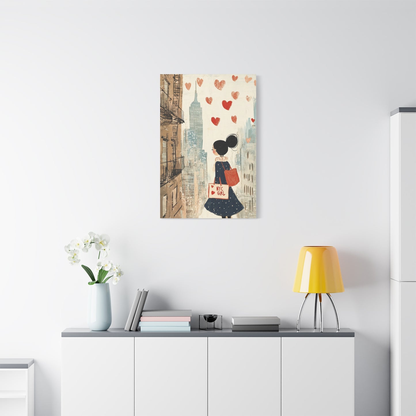 Girl Love and NYC Canvas Art V – Whimsical Cityscape with Floating Hearts