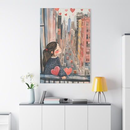 Girl Love and NYC Canvas Art II – Whimsical Cityscape with Floating Hearts