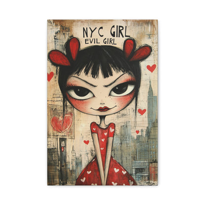 NYC Evil Girl Canvas Print – Gothic Pop Art with Dark Aesthetic, Matte Stretched Canvas