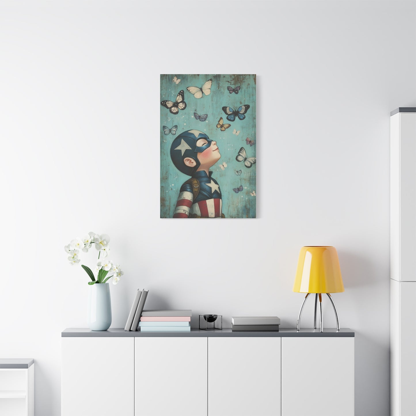 Mini Captain America Hero Canvas Art – Whimsical Young Superhero with Butterflies