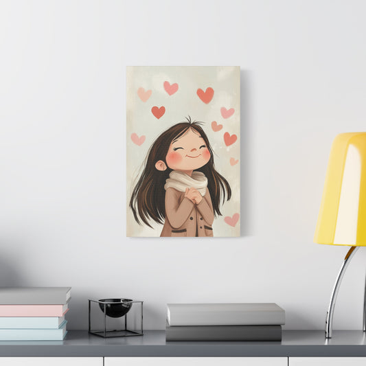 Girl in Love Canvas Art – Whimsical Cityscape with Floating Hearts