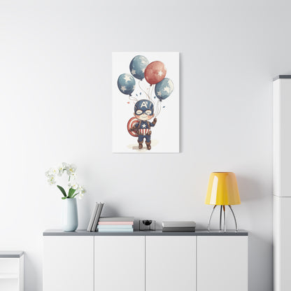 Captain America Kid Canvas Art – Whimsical Hero with Star Balloons, Matte Stretched Canvas