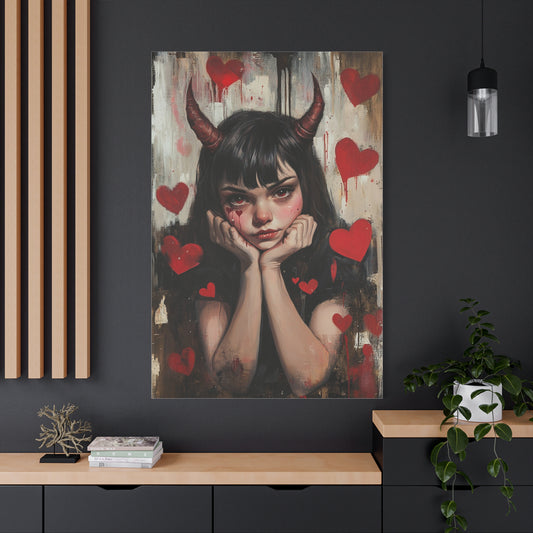 Evil Girl Gothic Canvas Print – Dark Fantasy Art with Horns & Hearts, Matte Stretched Canvas