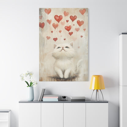 Cute White Cat and Flying Hearts Canvas Art – Whimsical Floating Kitten