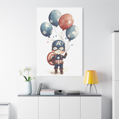 Captain America Kid Canvas Art – Whimsical Hero with Star Balloons, Matte Stretched Canvas