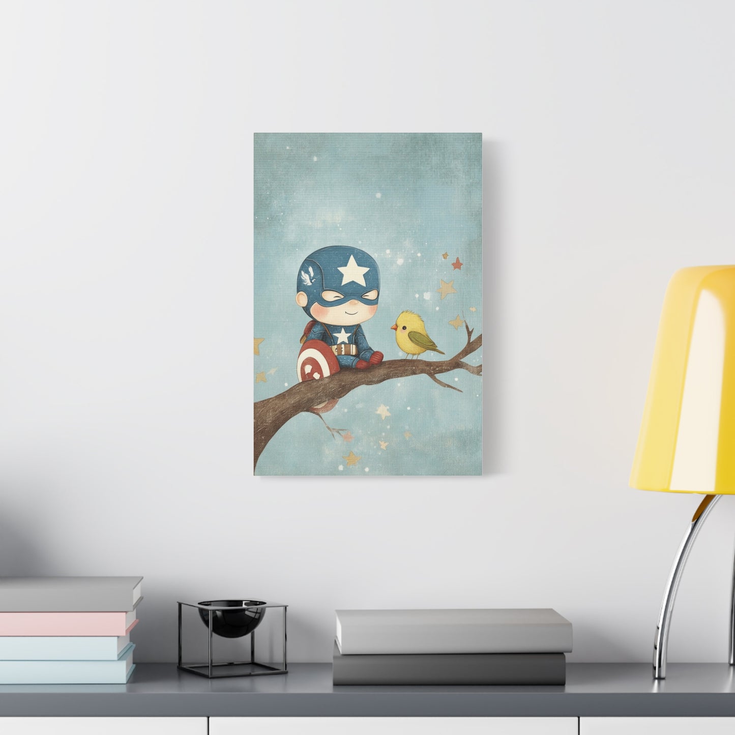 Mini Captain Amercia and Bird Canvas Art – Whimsical Superhero with Nature