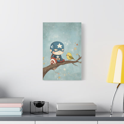 Mini Captain Amercia and Bird Canvas Art – Whimsical Superhero with Nature