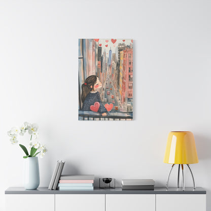 Girl Love and NYC Canvas Art II – Whimsical Cityscape with Floating Hearts