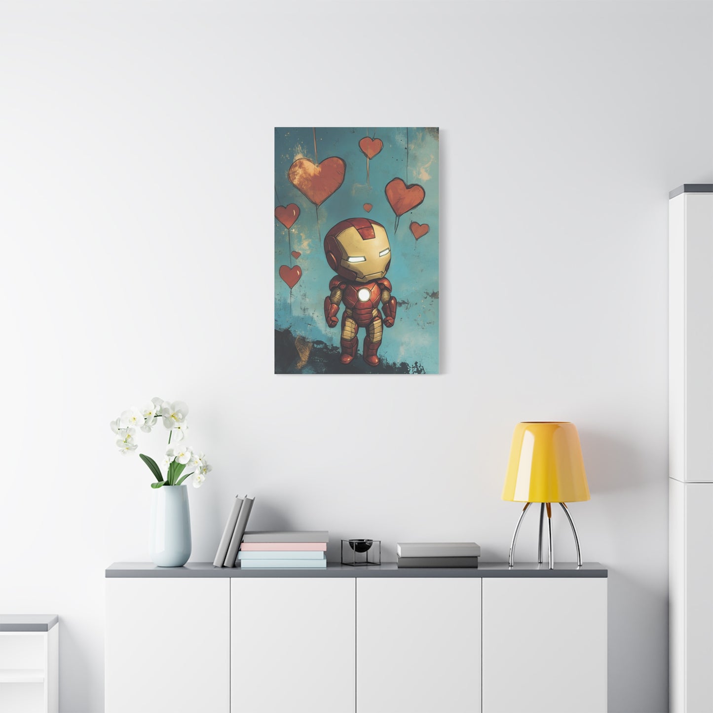 Iron Man and Hearts Canvas Art – Whimsical Armored Hero with Floating Hearts, Matte Stretched Canvas