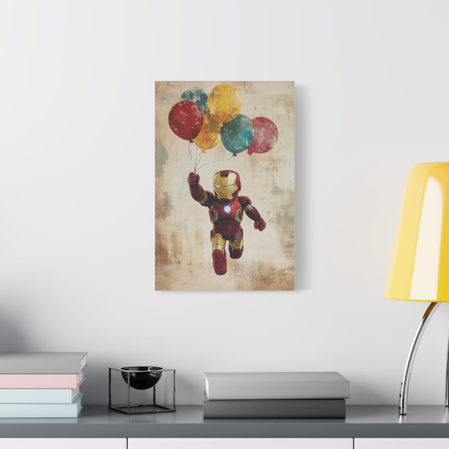 Flying Mini Iron Man Canvas Art – Whimsical Superhero with Balloons, Matte Stretched Canvas