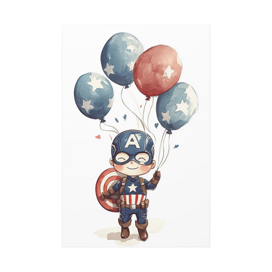 Captain America Kid Canvas Art – Whimsical Hero with Star Balloons, Matte Stretched Canvas