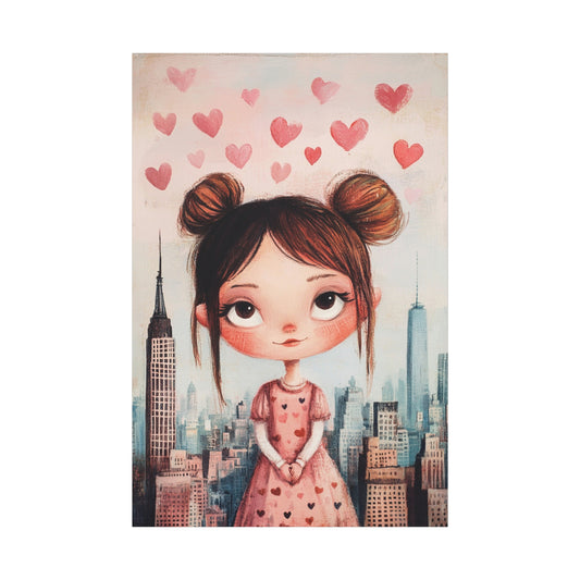 Girl Love and NYC Canvas Art – Whimsical Cityscape with Floating Hearts