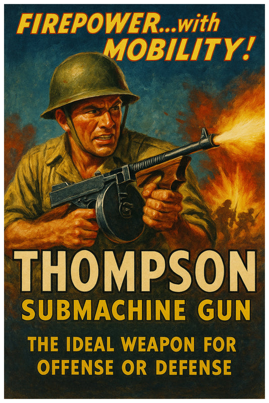 THOMPSON SUBMACHINE GUN POSTER - VINTAGE WWII MILITARY PROPAGANDA ART