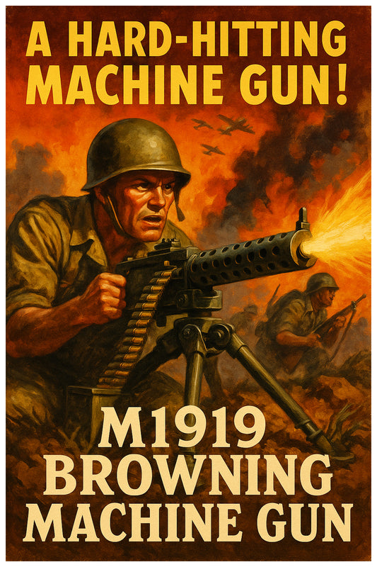 M1919 BROWNING MACHINE GUN POSTER - VINTAGE WWII MILITARY WEAPON WAR ART