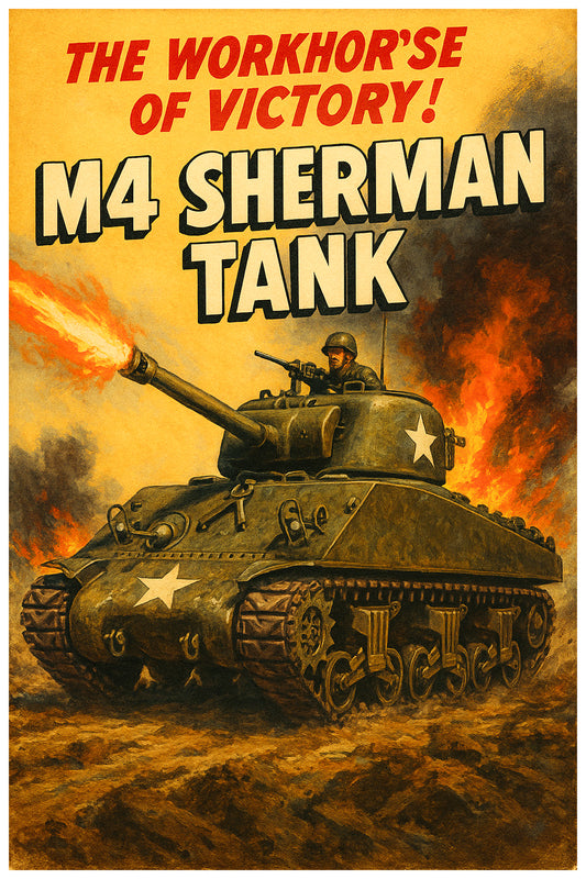 M4 SHERMAN TANK POSTER - WWII AMERICAN WORKHORSE OF VICTORY MILITARY ART