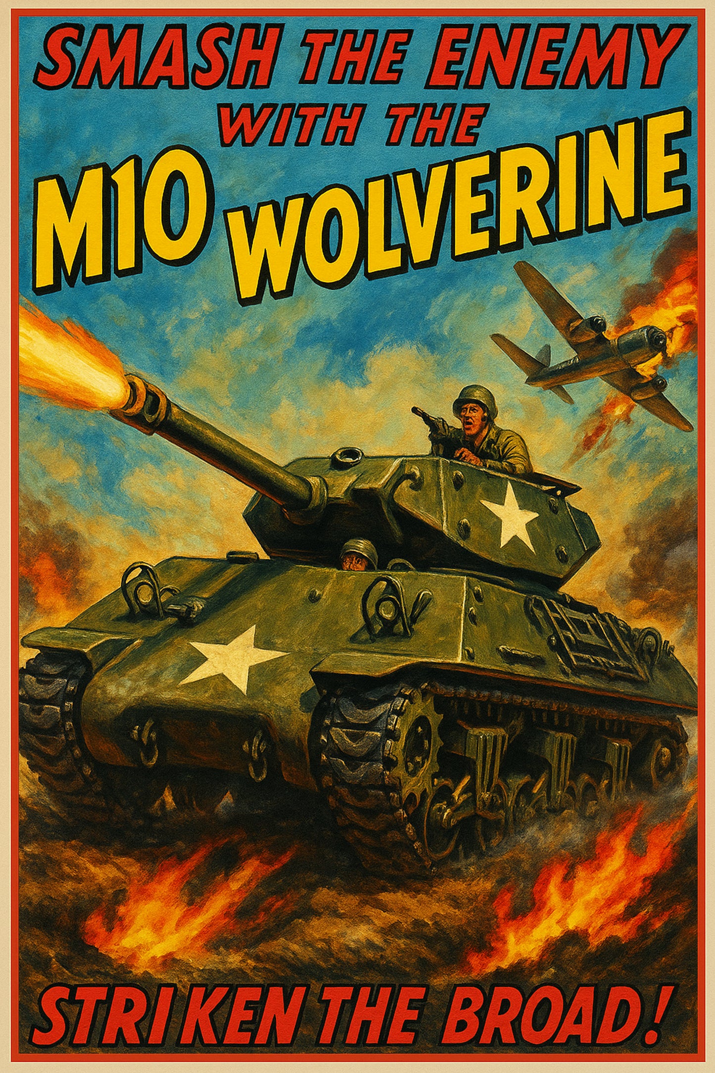 M10 WOLVERINE TANK DESTROYER POSTER - WWII AMERICAN MILITARY PROPAGANDA ART