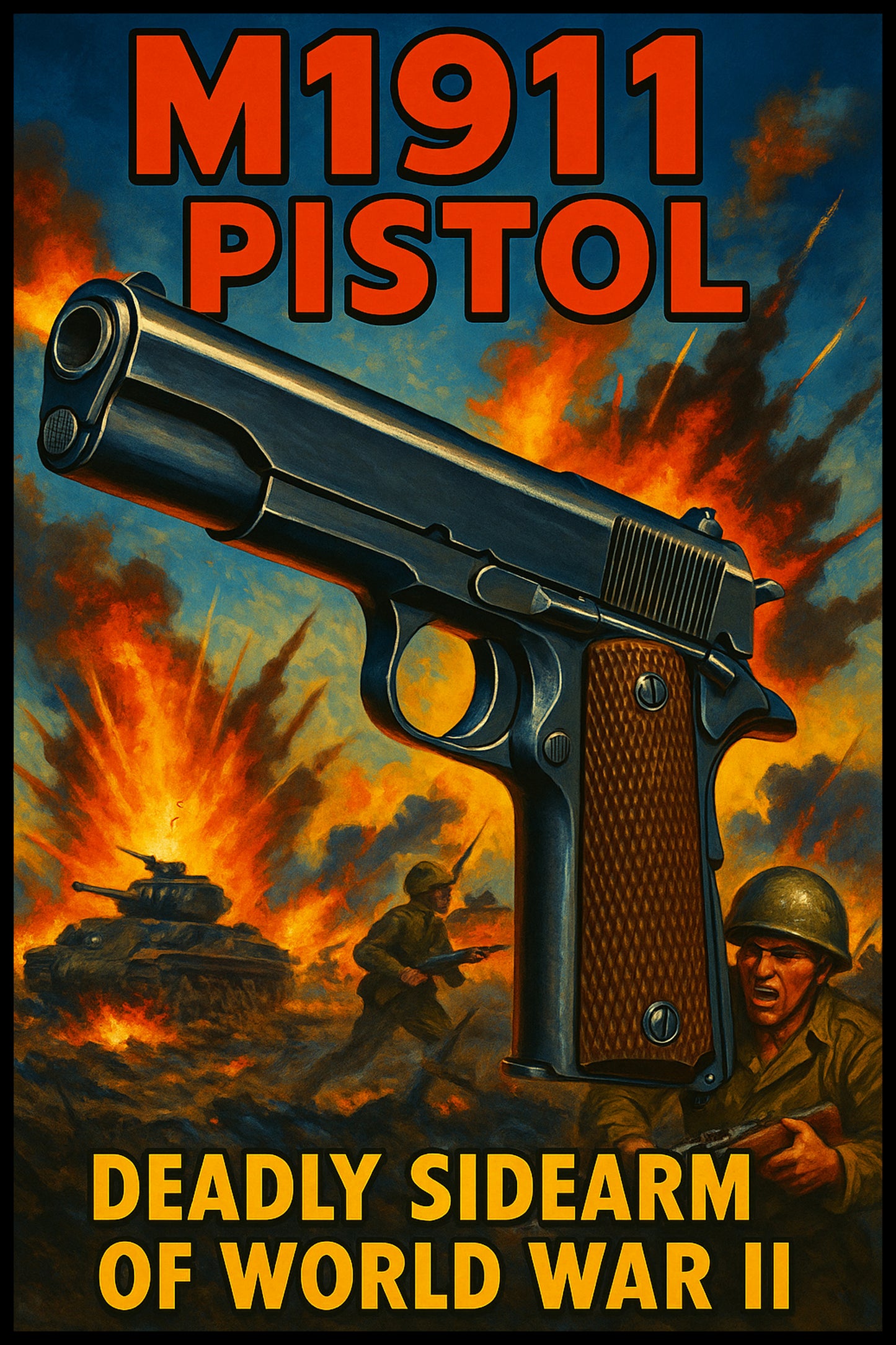 M1911 PISTOL POSTER - VINTAGE WWII MILITARY SIDEARM PROPAGANDA WAR ART