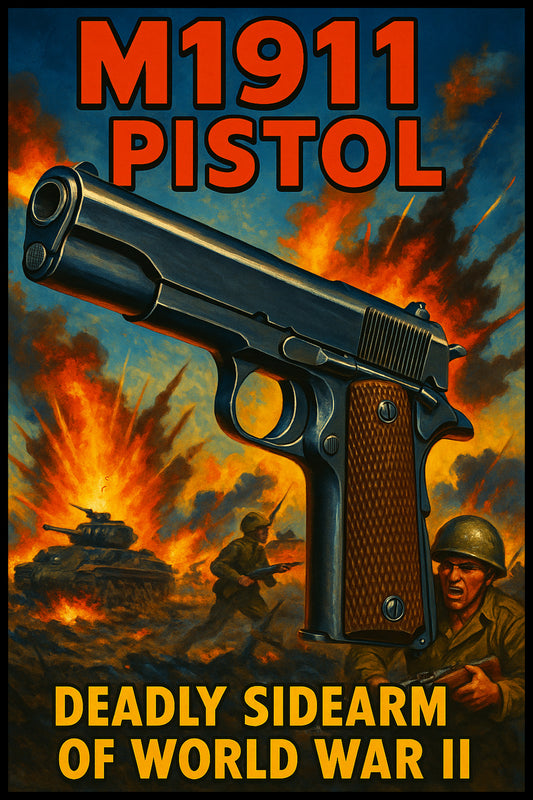 M1911 PISTOL POSTER - VINTAGE WWII MILITARY SIDEARM PROPAGANDA WAR ART