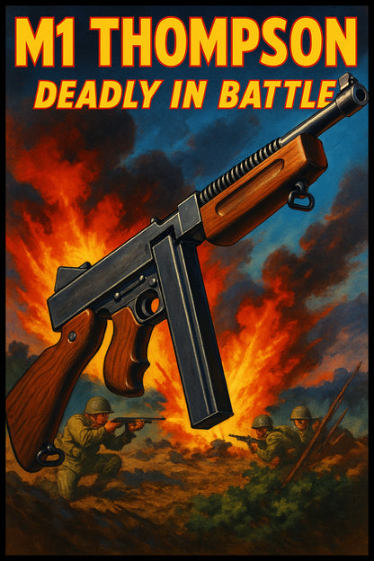 M1 THOMPSON TOMMY GUN POSTER - VINTAGE WWII SUBMACHINE GUN MILITARY ART